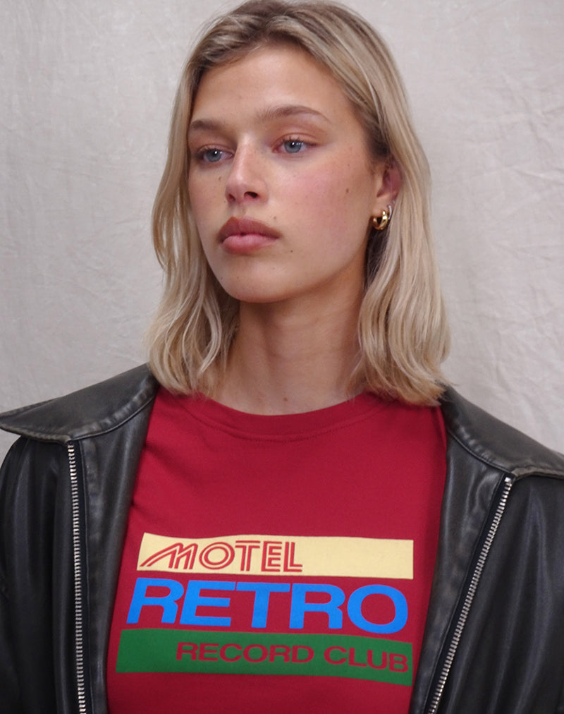 Saki Tee in Adrenaline Red with Motel Retro Club Motif