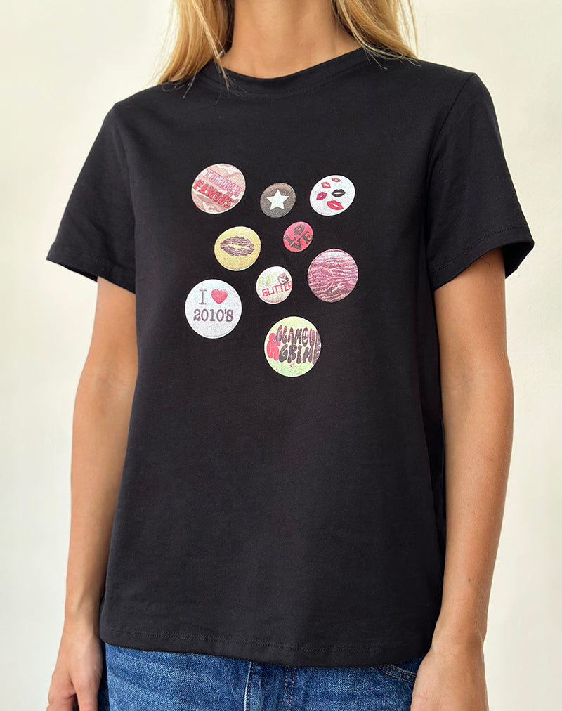 Saki Tee in Black with Badges Graphic