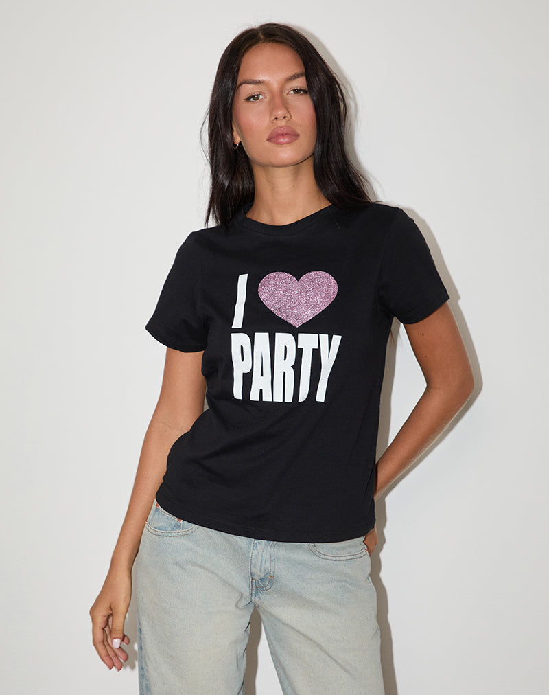 Saki Tee in Black I Love Party Print