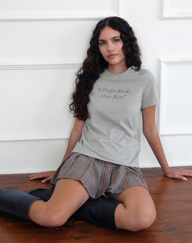 Image of Saki Tee in Grey Marl with I Prefer Books Over Boys Slogan