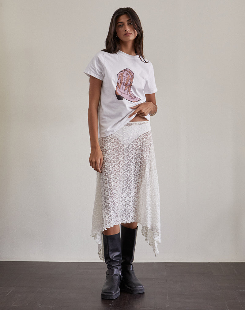 Image of Saki Tee in White with Pink Cowboy Boot Print