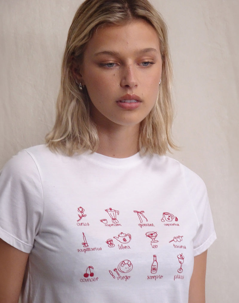 Image of Saki Tee in White with Red Star Signs Print