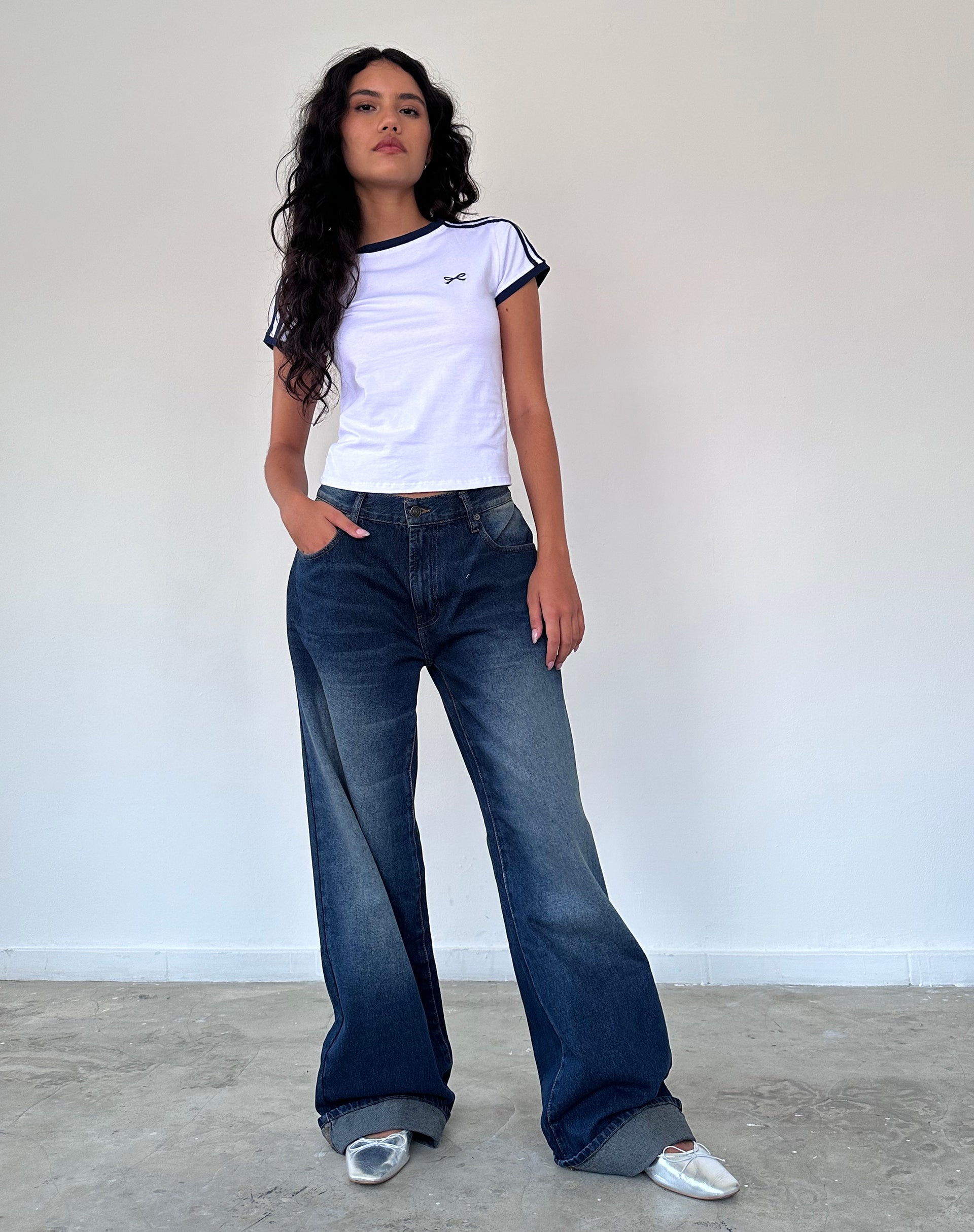Image of Salda Sporty Tee in White with Navy Binding