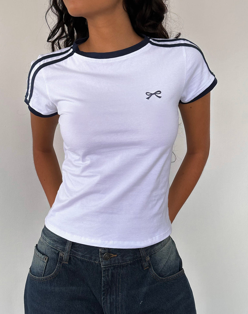 Salda Sporty Tee in White with Navy Binding