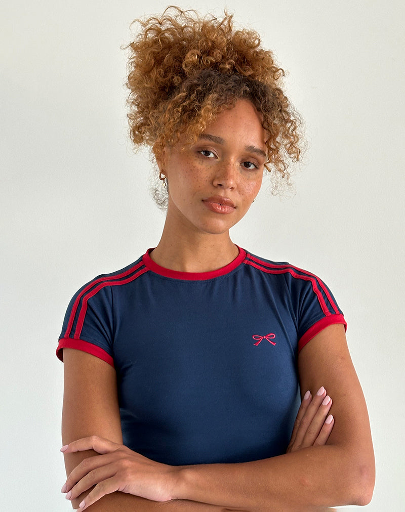 Image of Salda Top in Navy with Adrenaline Red Binding and Logo