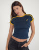 Image of Salda Top in Navy with Mustard Binding and Bow Embroidery