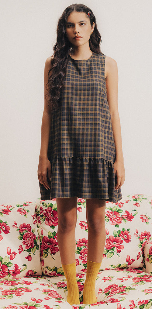 Image of Samana Babydoll Mini Dress in Check Dark Brown