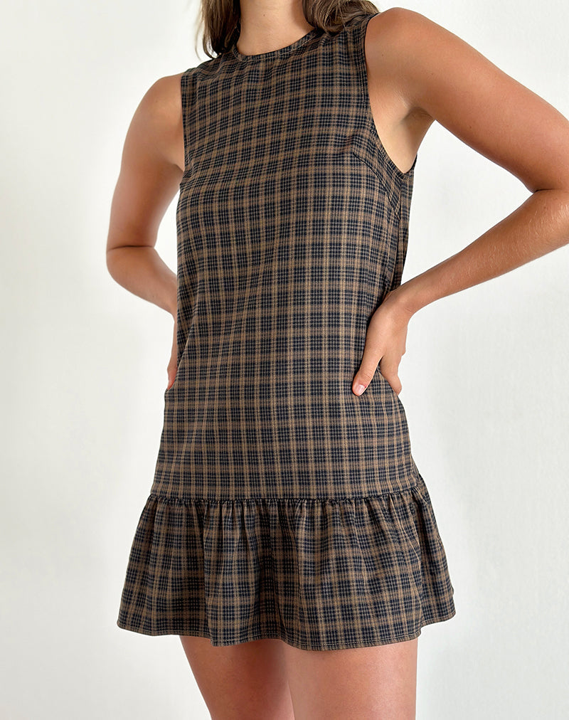 Samana Babydoll Mini Dress in Check Dark Brown