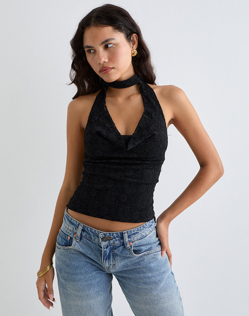 Samwell Halterneck Top in Paisley Lace Black