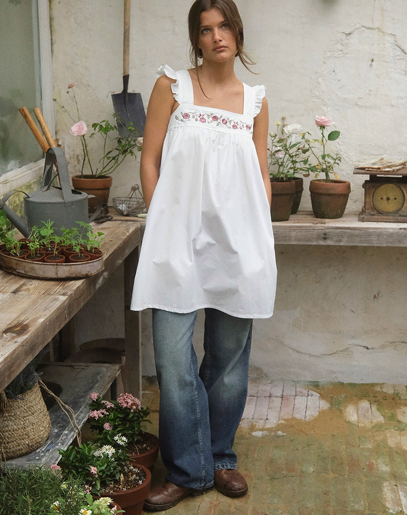 Image of Sanaly Mini Dress in Poplin White with Cherry Blossom Embroidery