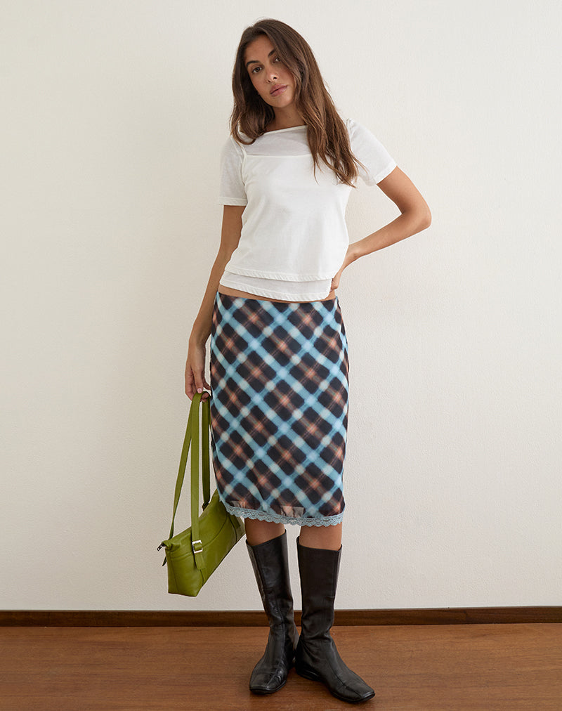 Image of Sangga Midi Skirt in Chiffon Black and Blue Hazy Check