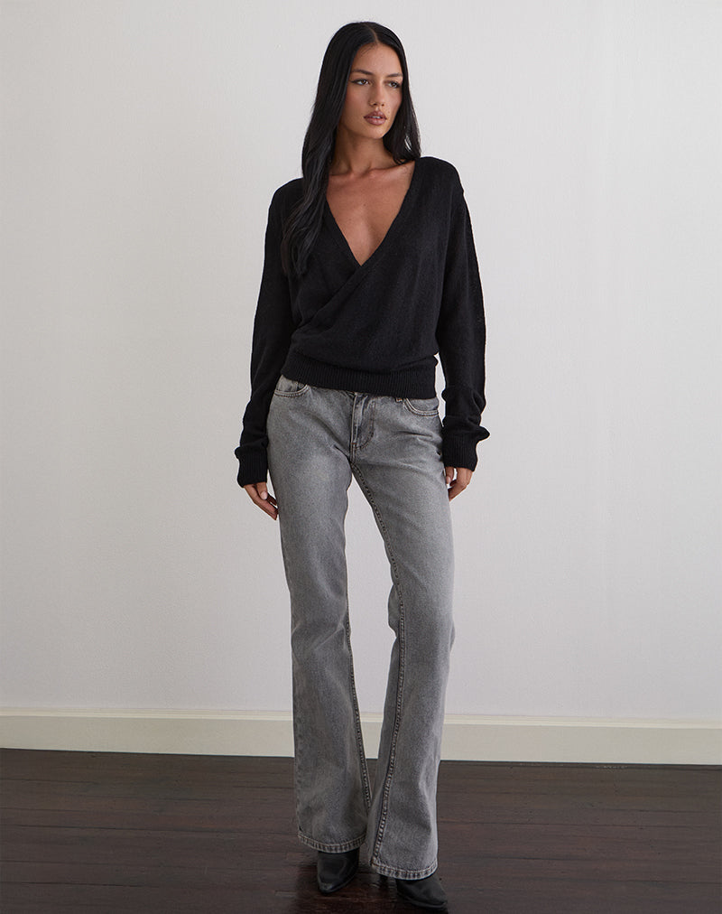 Saroya Plunge Wrap Top in Knit Black