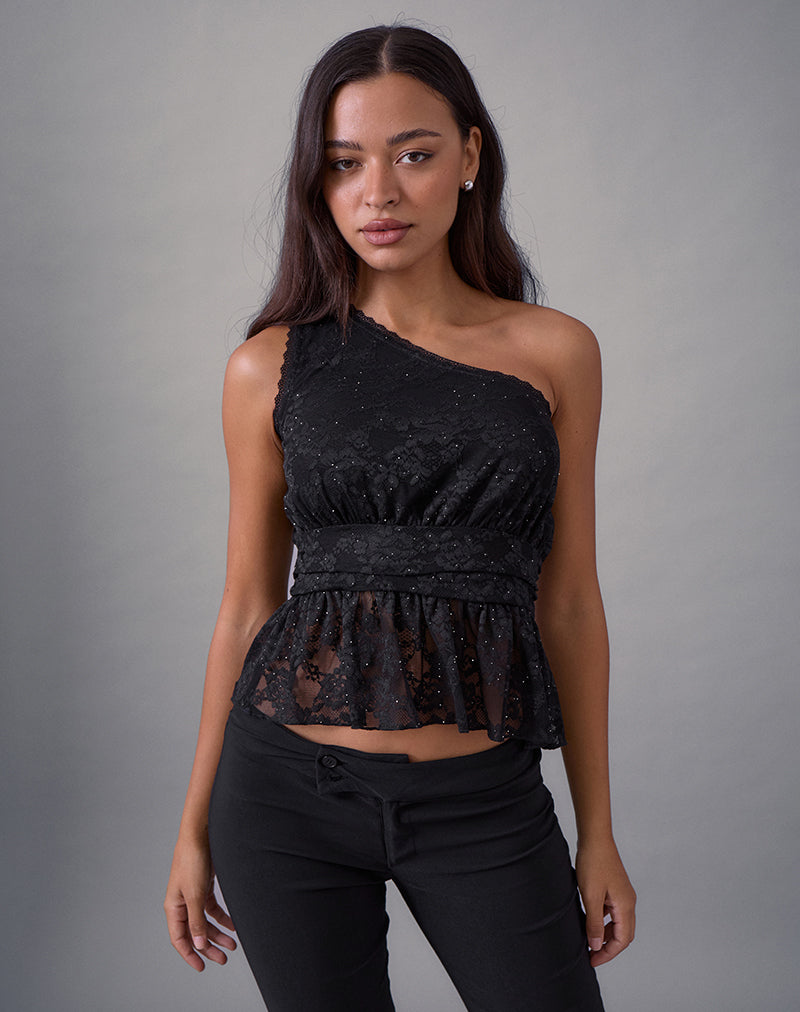 Sayong One Shoulder Top in Floral Lace Black