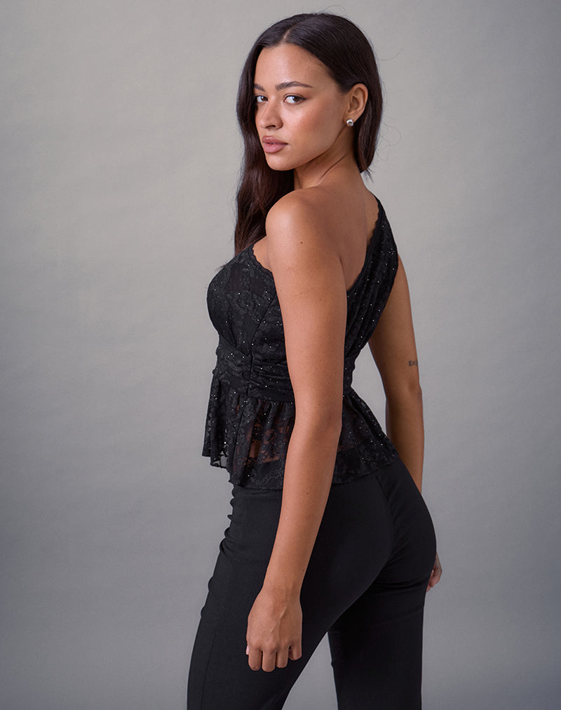 Image of Sayong One Shoulder Top in Floral Lace Black