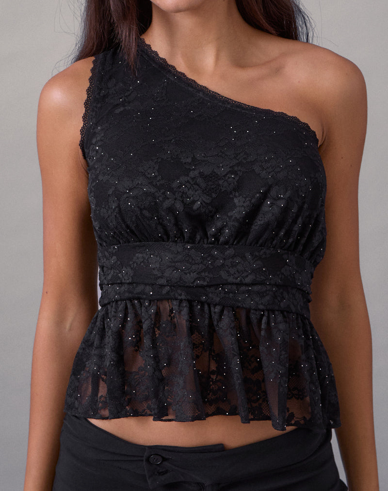 Sayong One Shoulder Top in Floral Lace Black