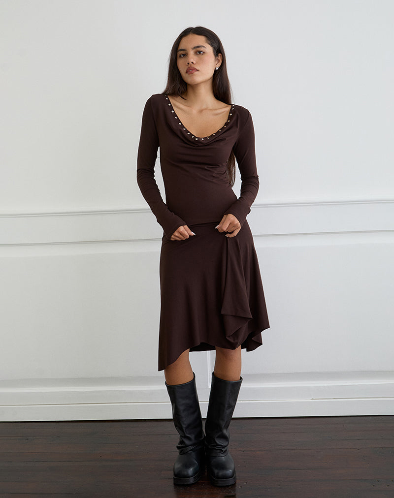 Image of Scanio Long Sleeve Cowl Top with Studs in Bitter Chocolate