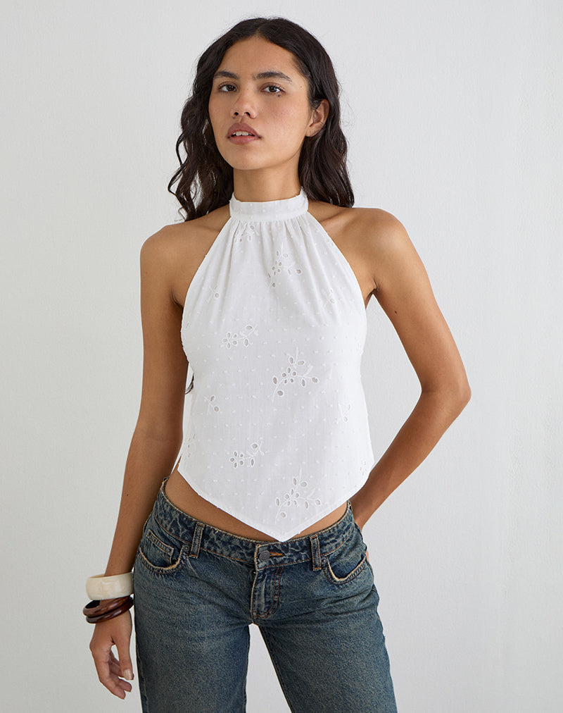 Image of Sedona Halterneck Top in Broderie White