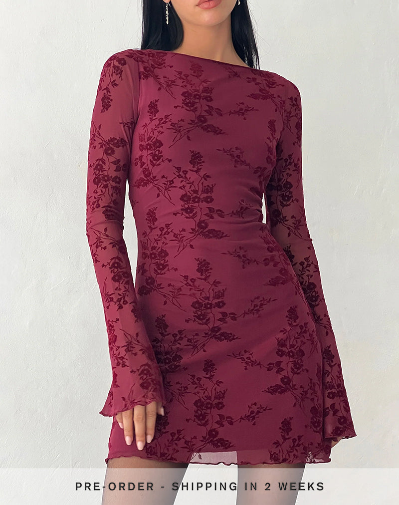 Sevila Long Sleeve Mini Dress in Flocked Botanical Flower Maroon