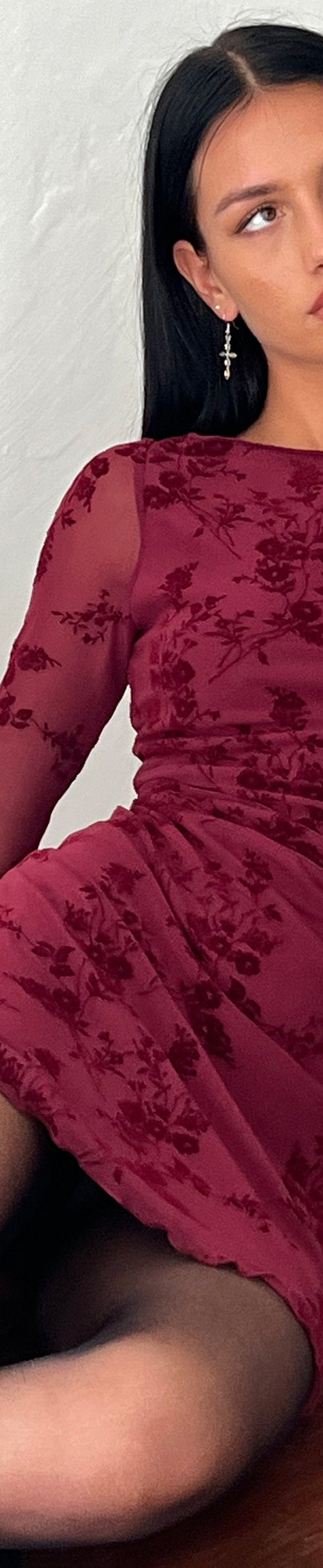 Image of Sevila Long Sleeve Mini Dress in Flocked Botanical Flower Maroon