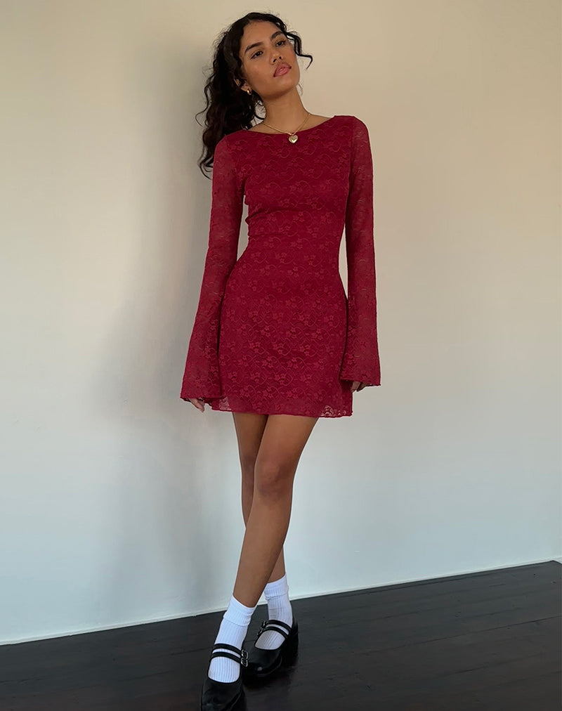 Deep Red Lace Long Sleeve Mini Dress Sevila motelrocks com aus