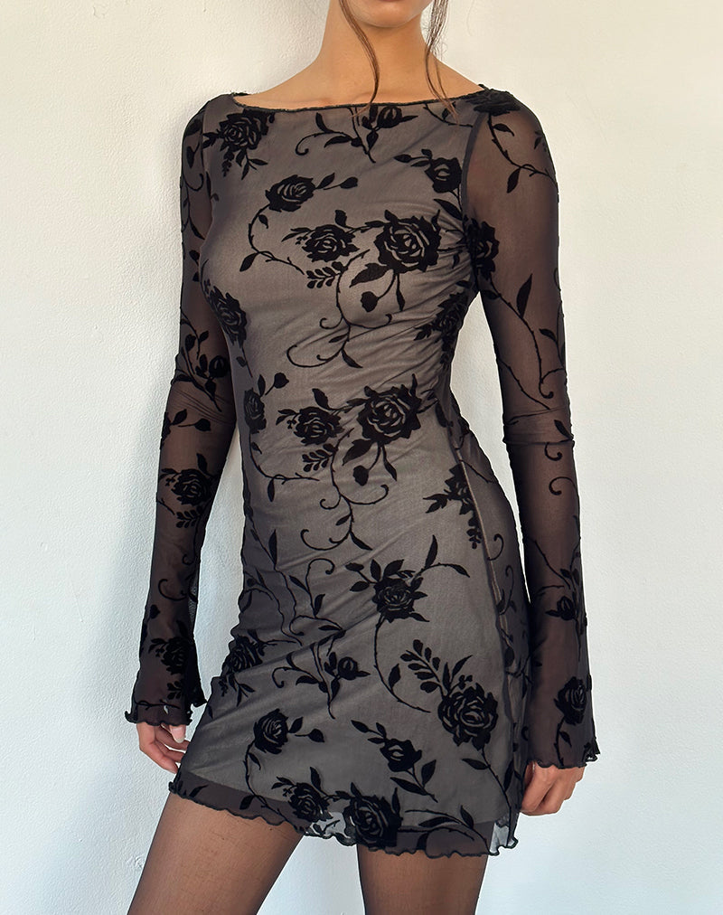 Image of Sevila Long Sleeve Mini Dress in Black Rose Flock