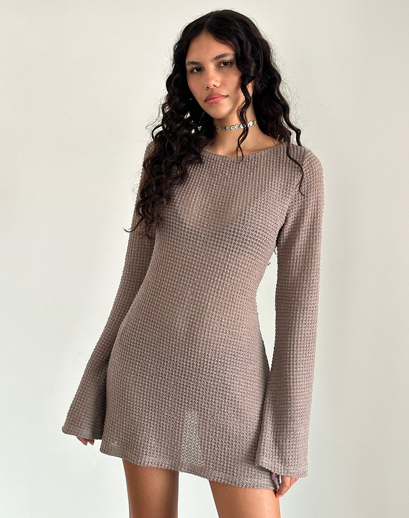 Image of Sevila Long Sleeve Mini Dress in Light Taupe Knit