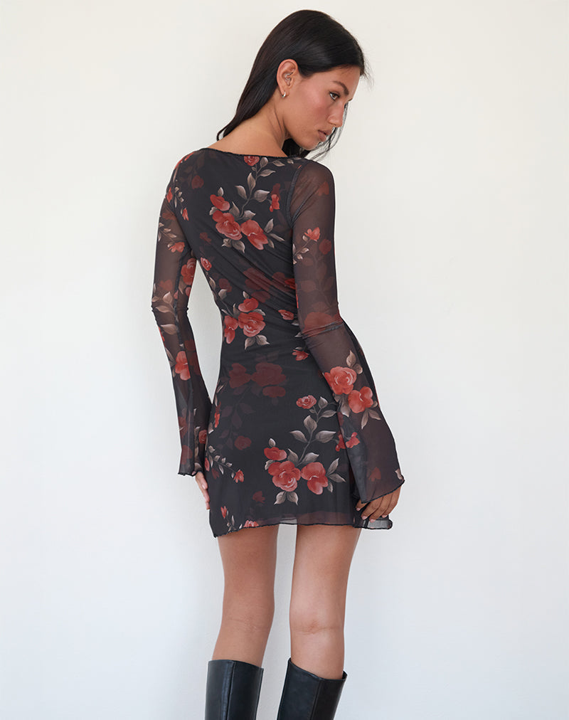 Image of Sevila Long Sleeve Mini Dress in Black Watercolour Rose