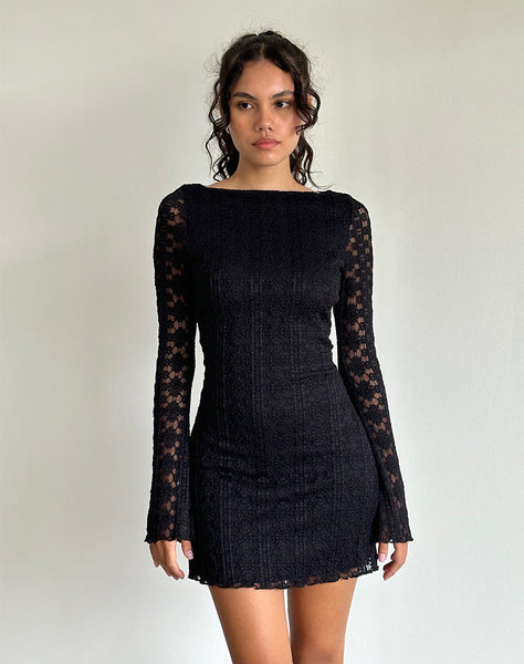 Black Regal Lace Long Sleeve Mini Dress Sevila motelrocks com aus