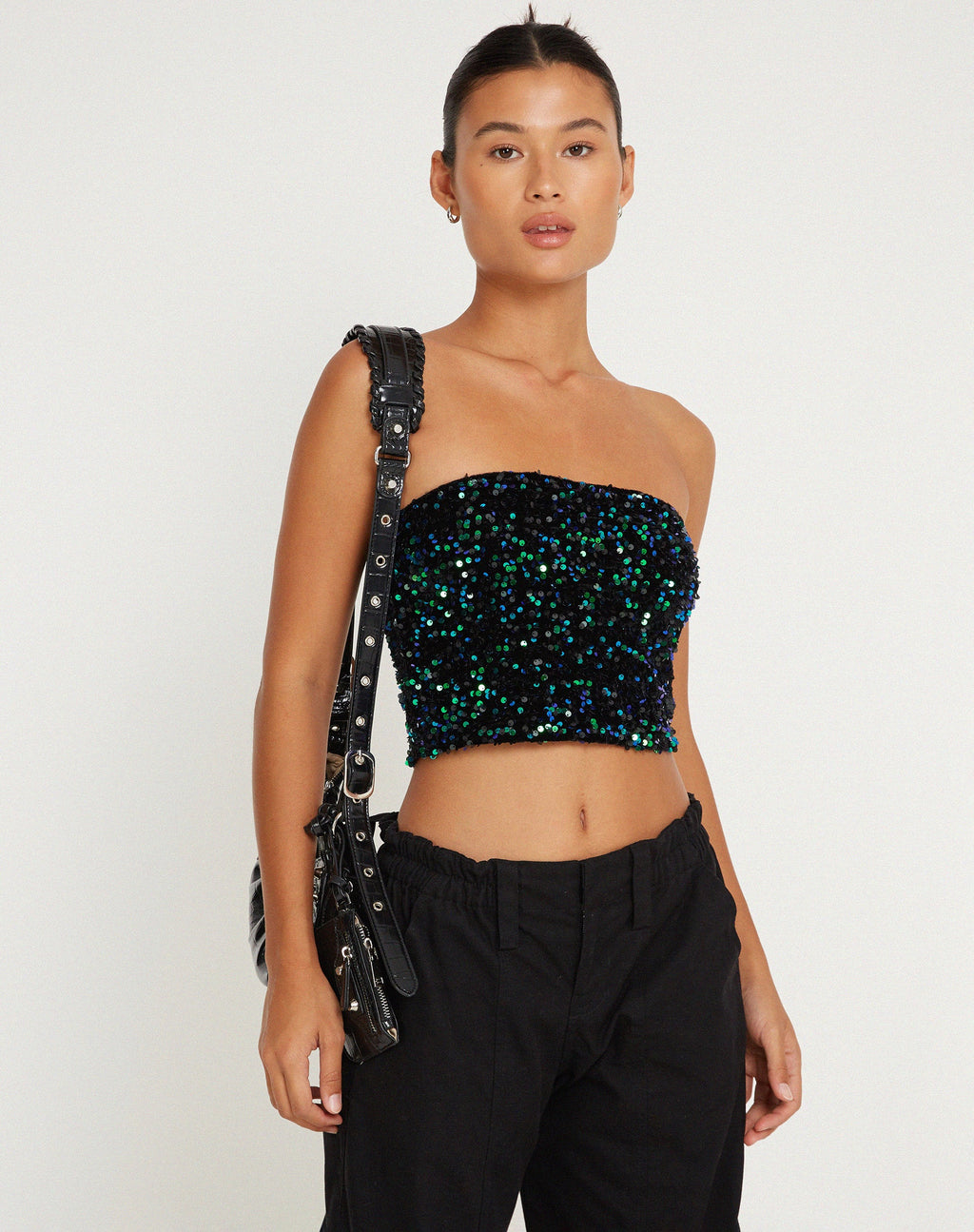 Shae Bandeau Top in Mini Sequin Green Iridescent