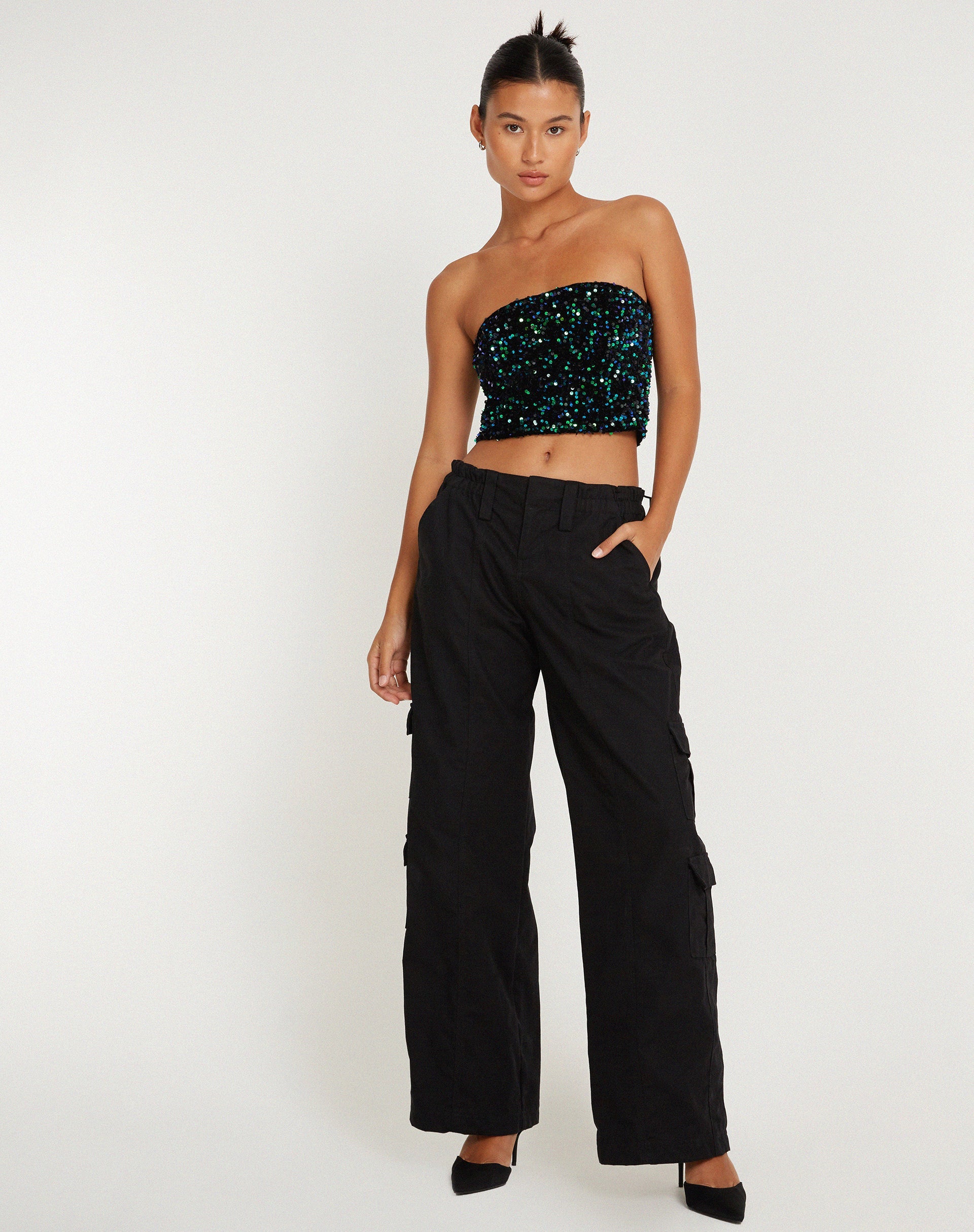 image of Shae Bandeau Top in Mini Sequin Green Iridescent
