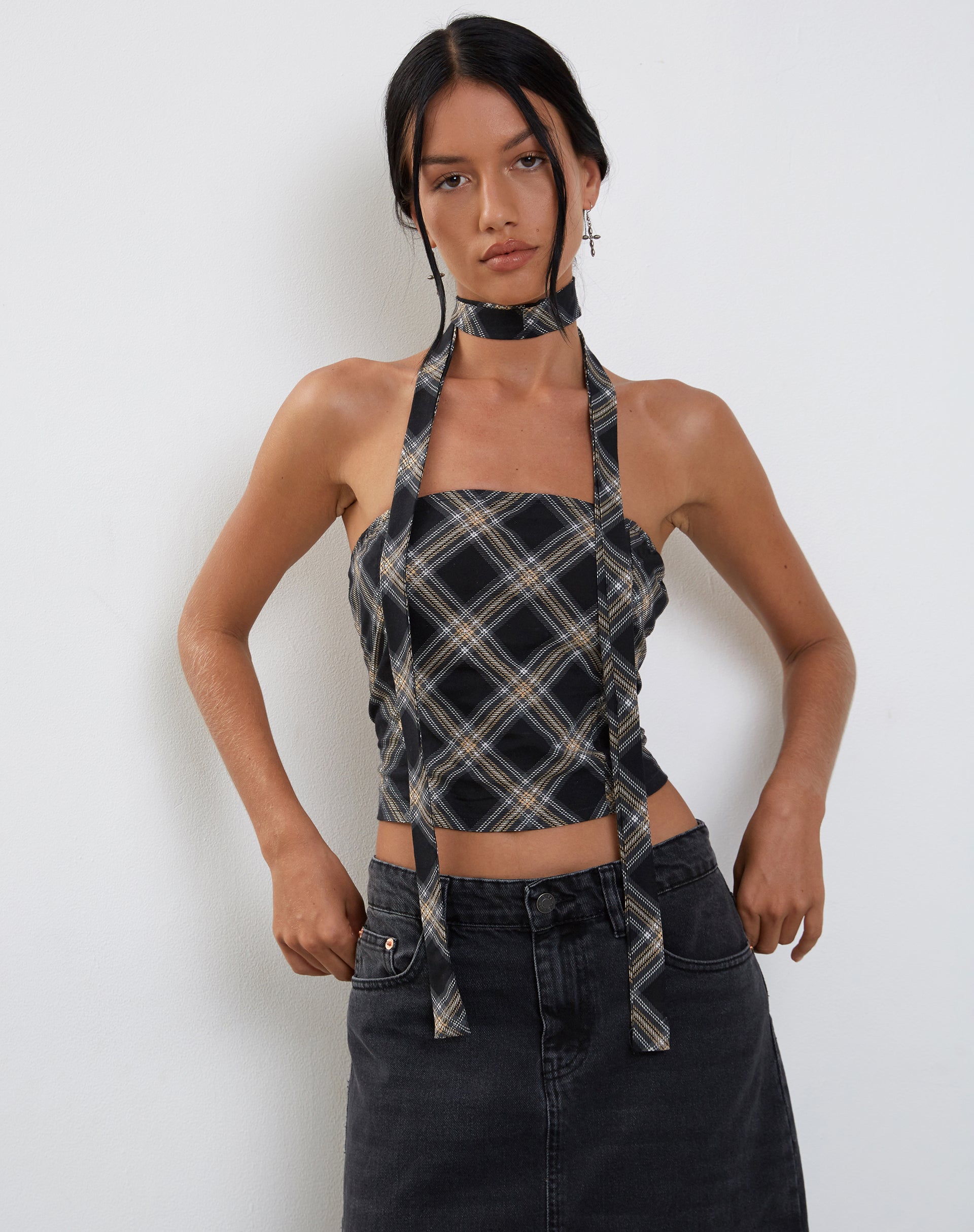 Image of Shaloe Bandeau Top and Scarf Set in 20's Check Black and Grey