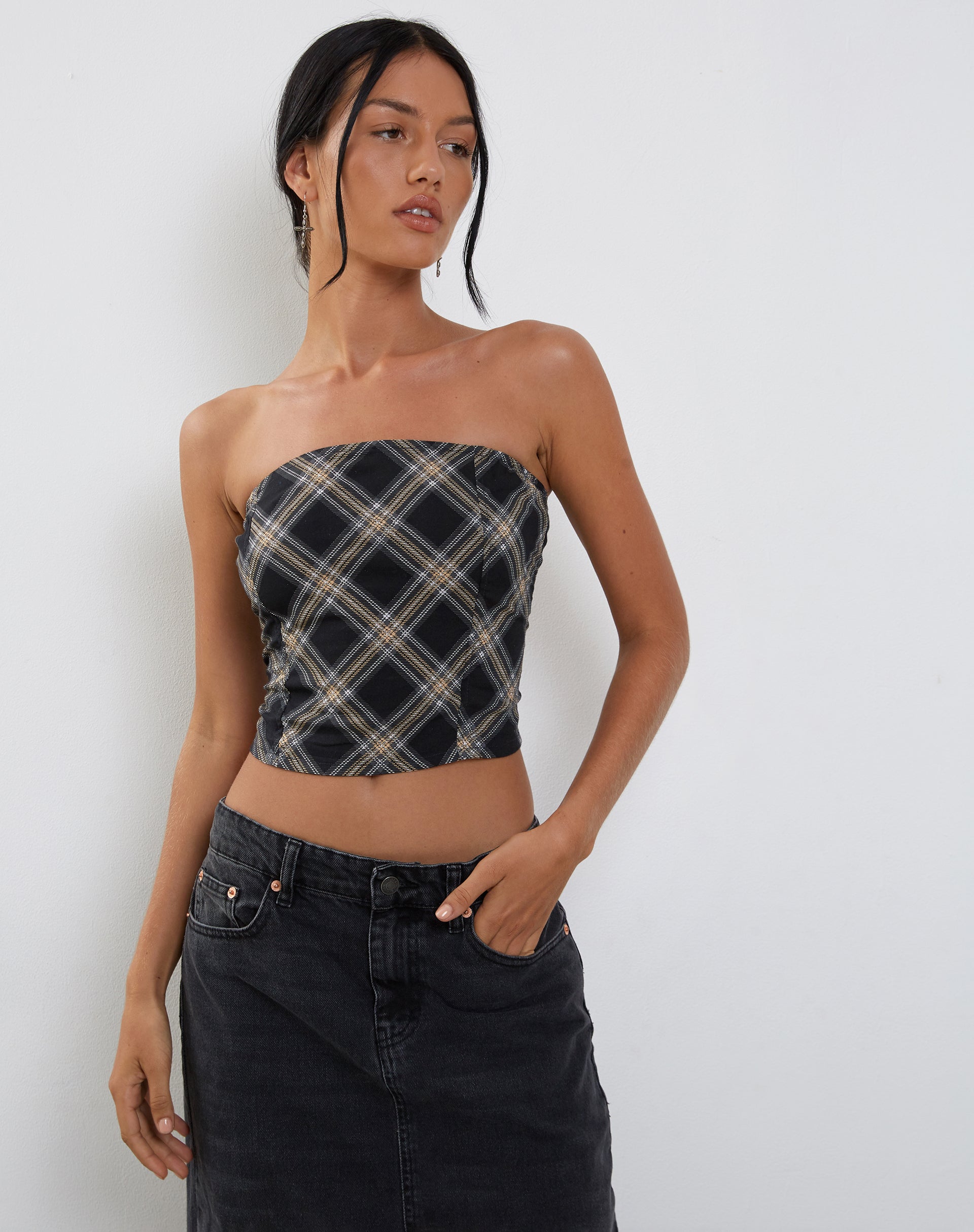Image of Shaloe Bandeau Top and Scarf Set in 20's Check Black and Grey