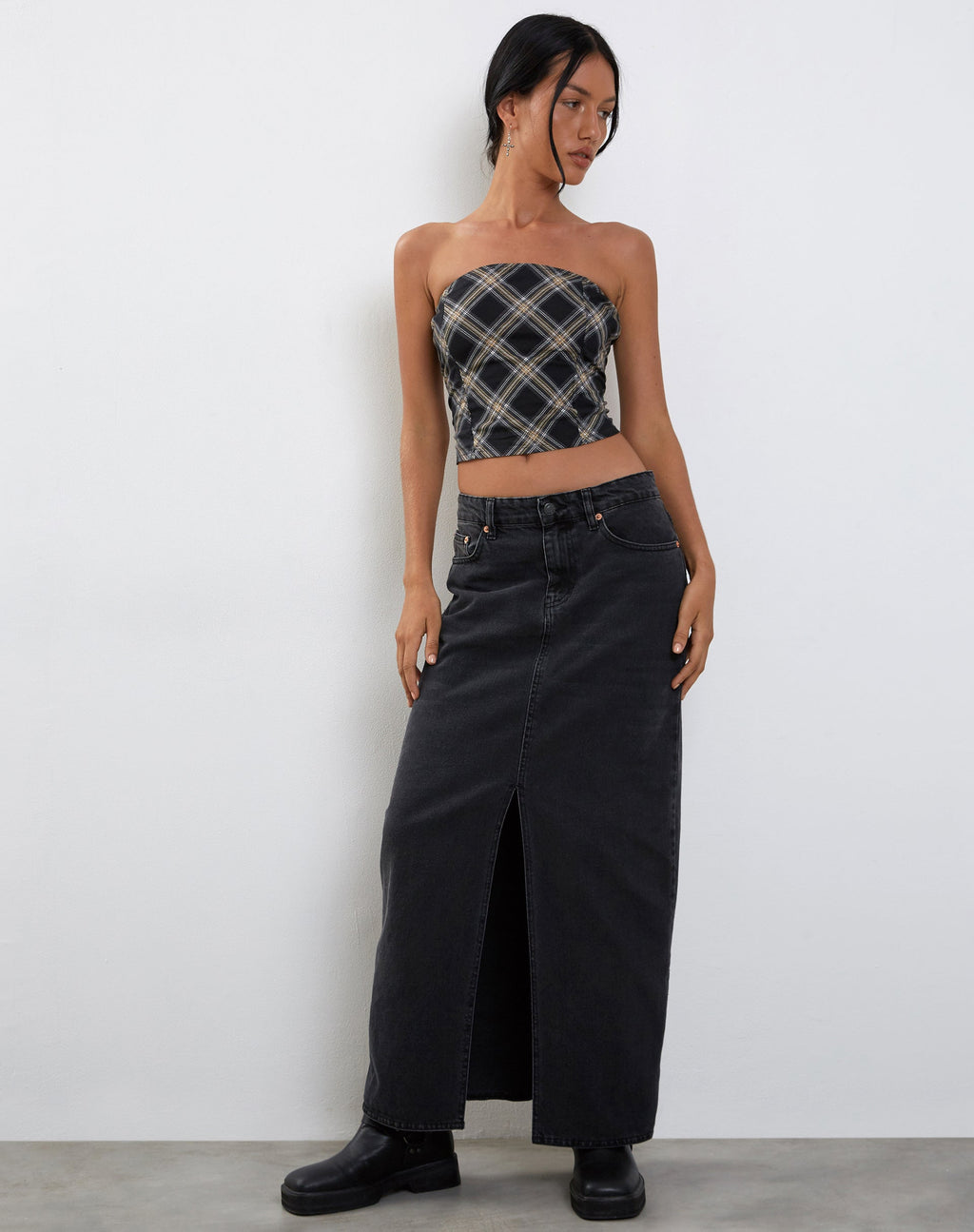 Shaloe Bandeau Top and Scarf Set in Black and Grey Check