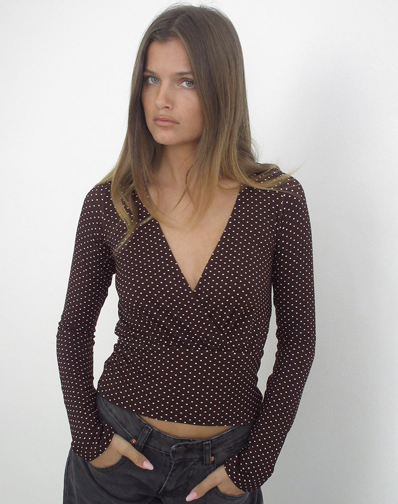 Sheon Long Sleeve Top in Rayon Jersey Brown with Micro Polka Print