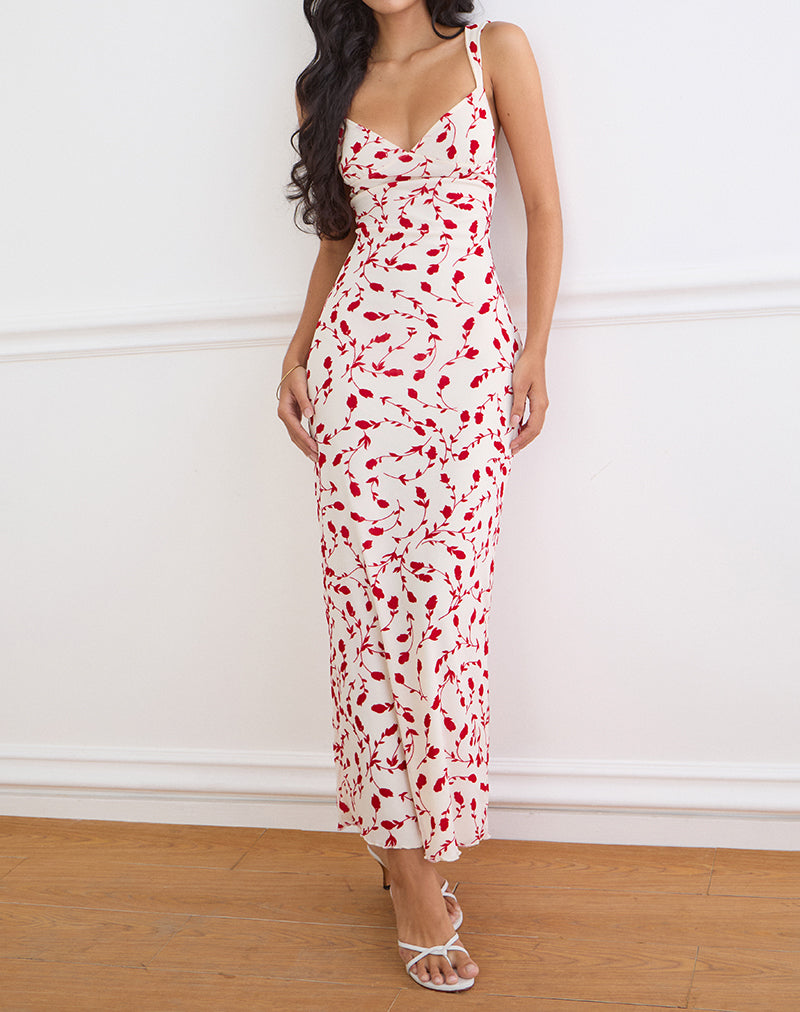 Image of Sitiya Maxi Dress in Cream with Red Leafy Lily Flock