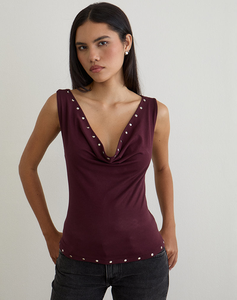 Slater Studded Top in Rayon Jersey Dark Plum