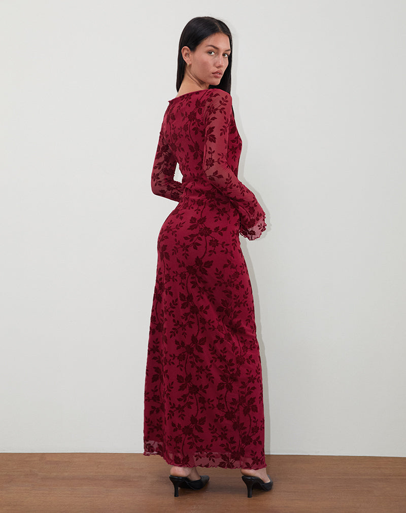 Image of Slokya Long Sleeve Maxi Dress in Vine Floral Flock Cherry