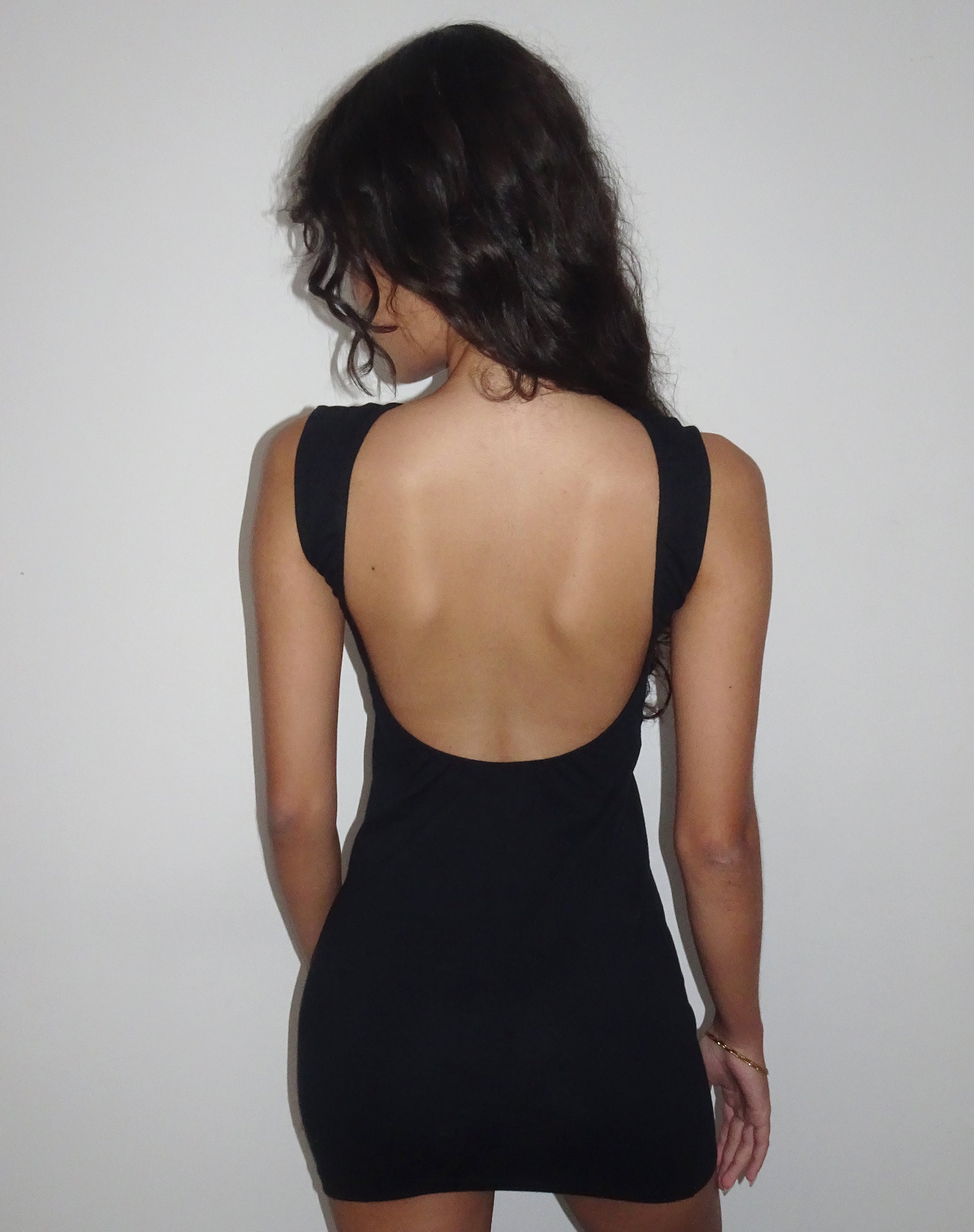 image of Slony Low Back Mini Dress in Black Lycra