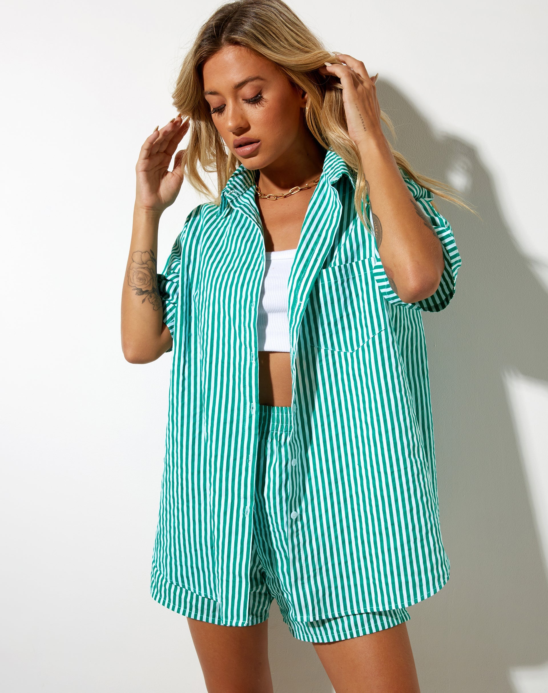 Image of SMITH SHIRT VERTICAL STRIPE GREEN WHITE