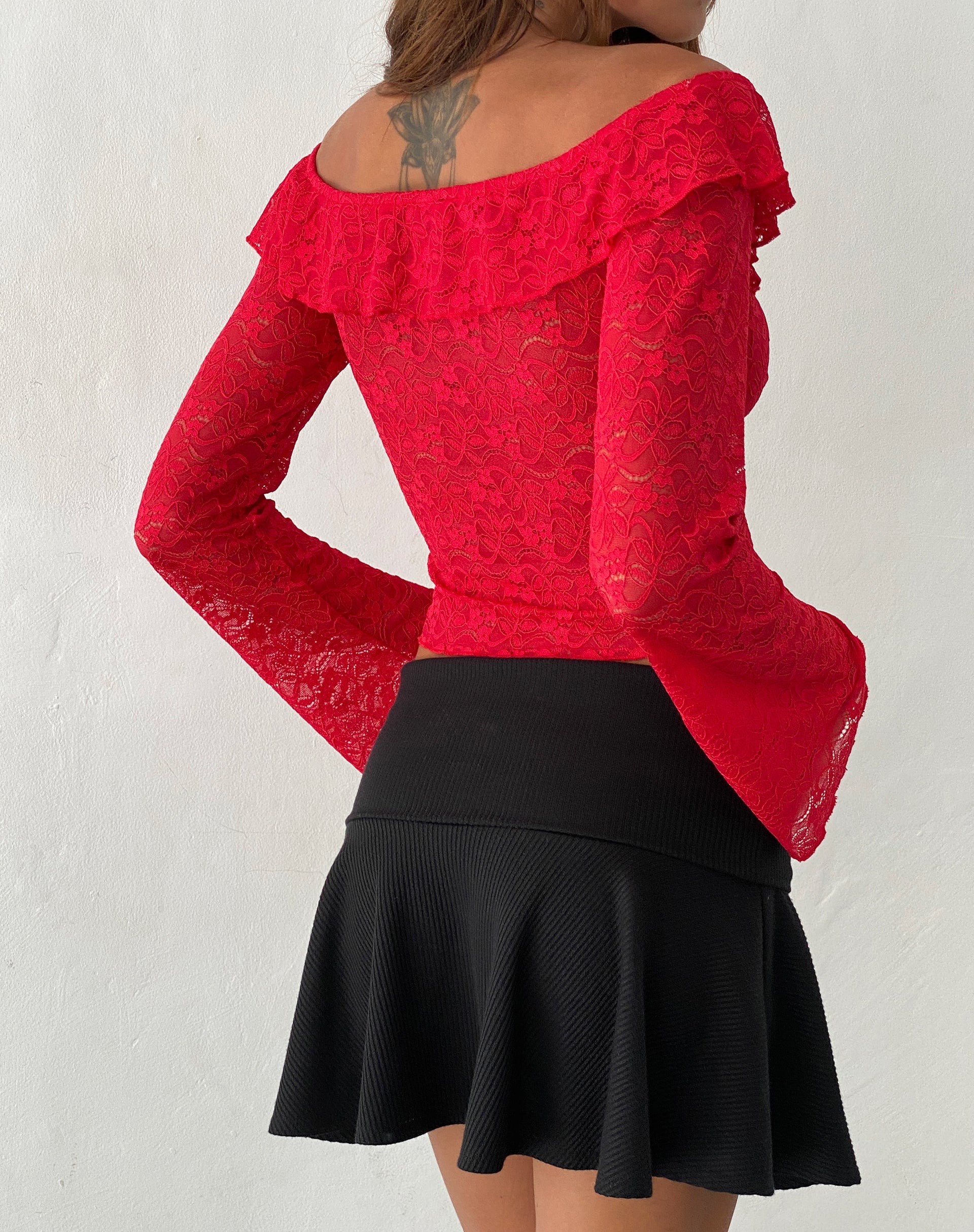 Image of Soka Bardot Frill Top in Red Lace