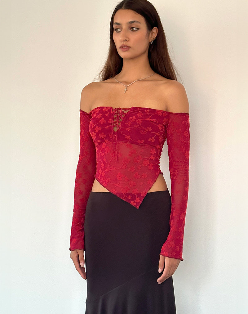 Image of Sola Top in Grunge Floral Flock Red