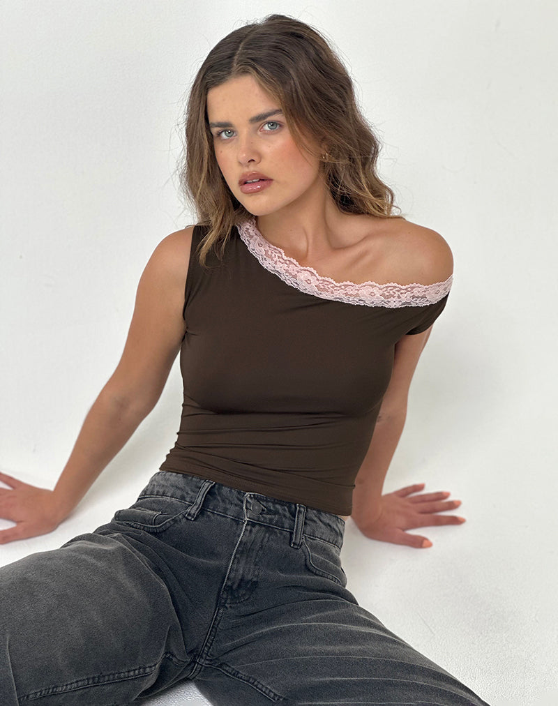 Soleh One Shoulder Top in Brown Slinky with Pink Lace