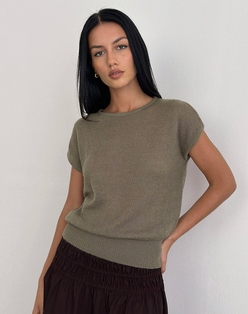Image of Sorin Deep Waistband Top in Knit Khaki