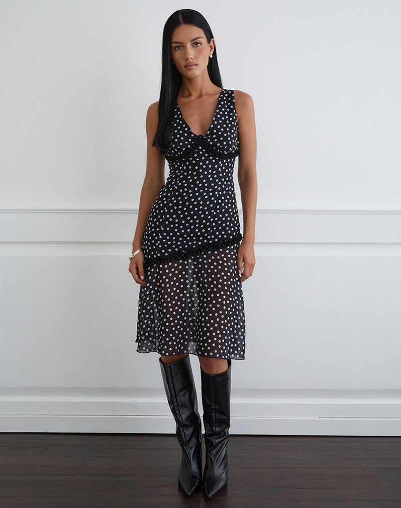 Sovira Midi Dress in Chiffon Black with Tiny Polka Print