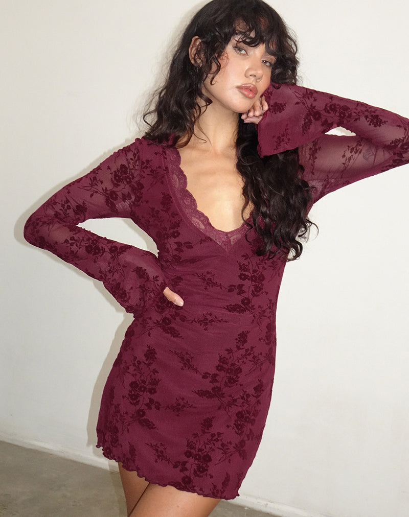 Sriti Mini Dress in Botanical Flower Maroon