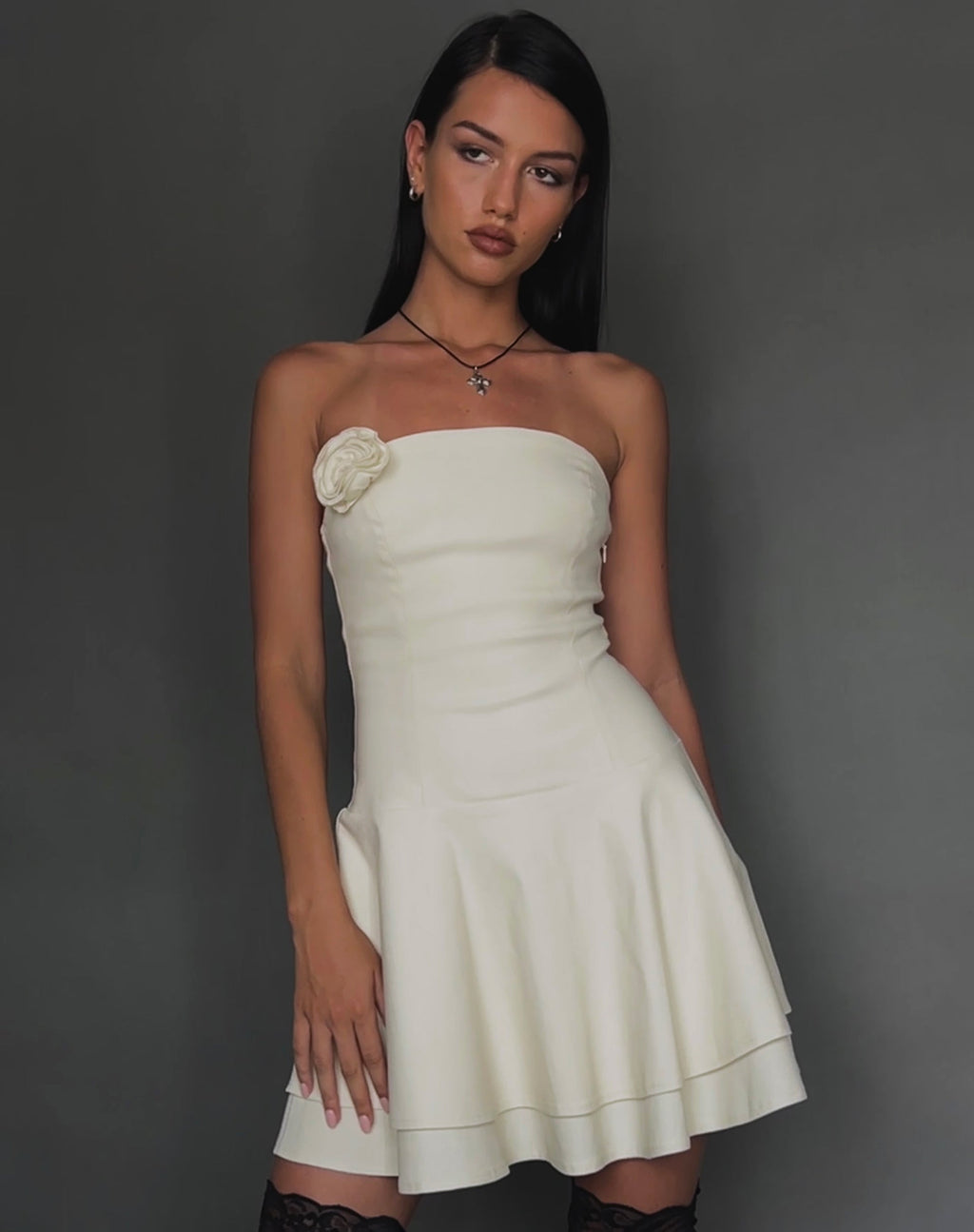 Striata Mini Dress in Cream with Rosette and Lace Back