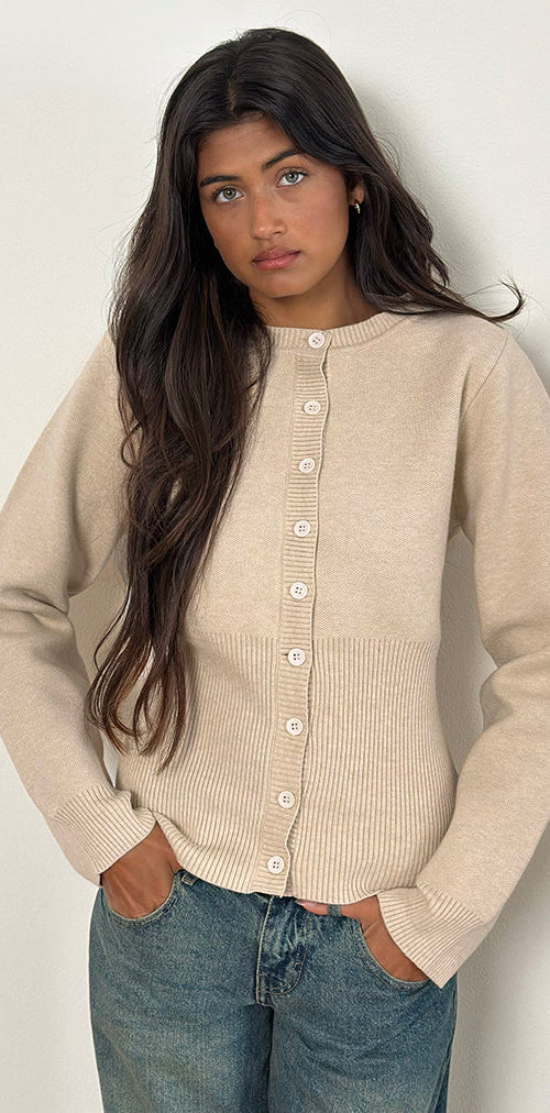 Image of Subra Long Sleeve Ribbed Hem Cardigan in Ivory