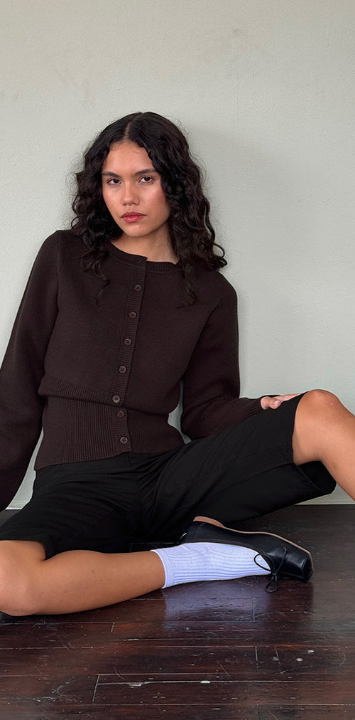 Image of Subra Long Sleeve Ribbed Hem Cardi in Bitter Chocolate