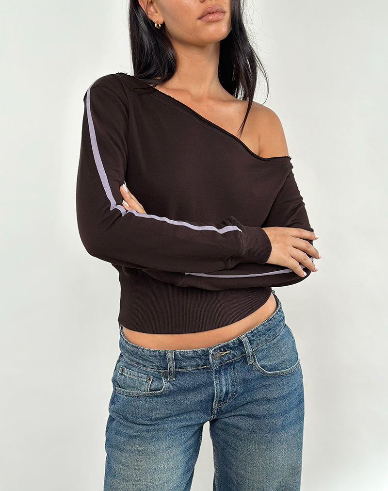 Image of Sujana Asymmetric Sweatshirt in Bitter Chocolate with Violet Binding