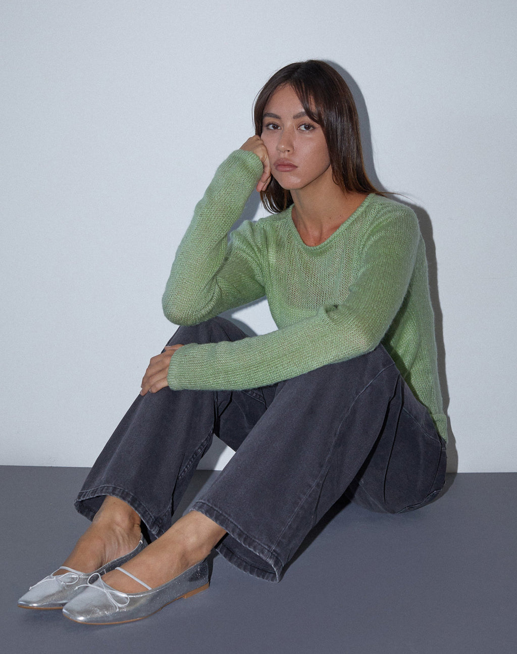 Sukana Long Sleeve Sheer-Knit Top in Light Green